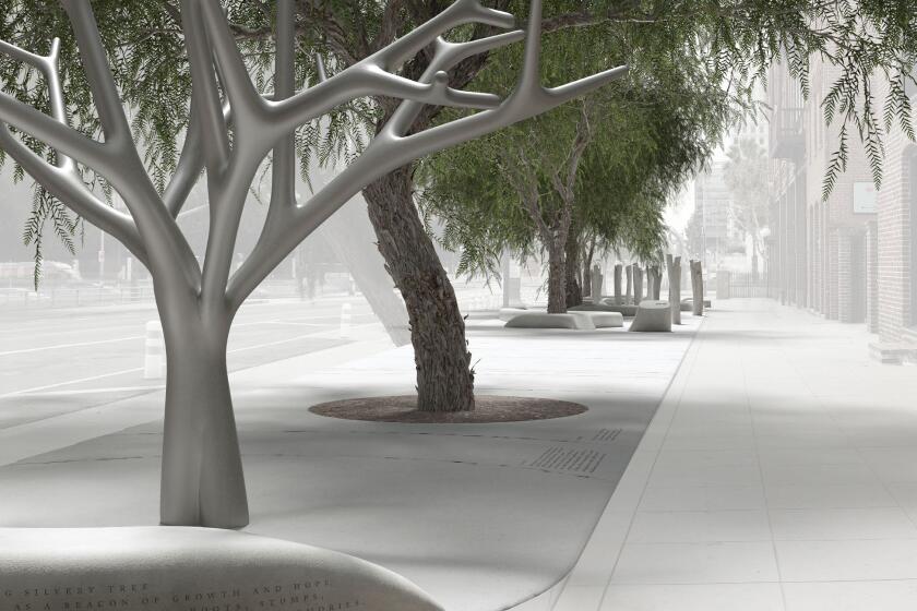 A rendering shows ghostly stone trees and tree trunks installed on a Los Angeles street.