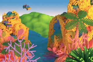 A colorful scene of a vehicle flying above hills and a valley featuring buildings with bright foliage and palm trees