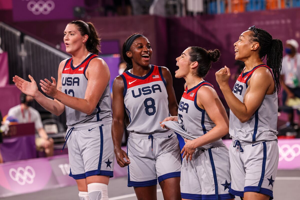 Jubilant USA celebrate moments after winning Gold in the the 3X3 Women Basketball Final. 