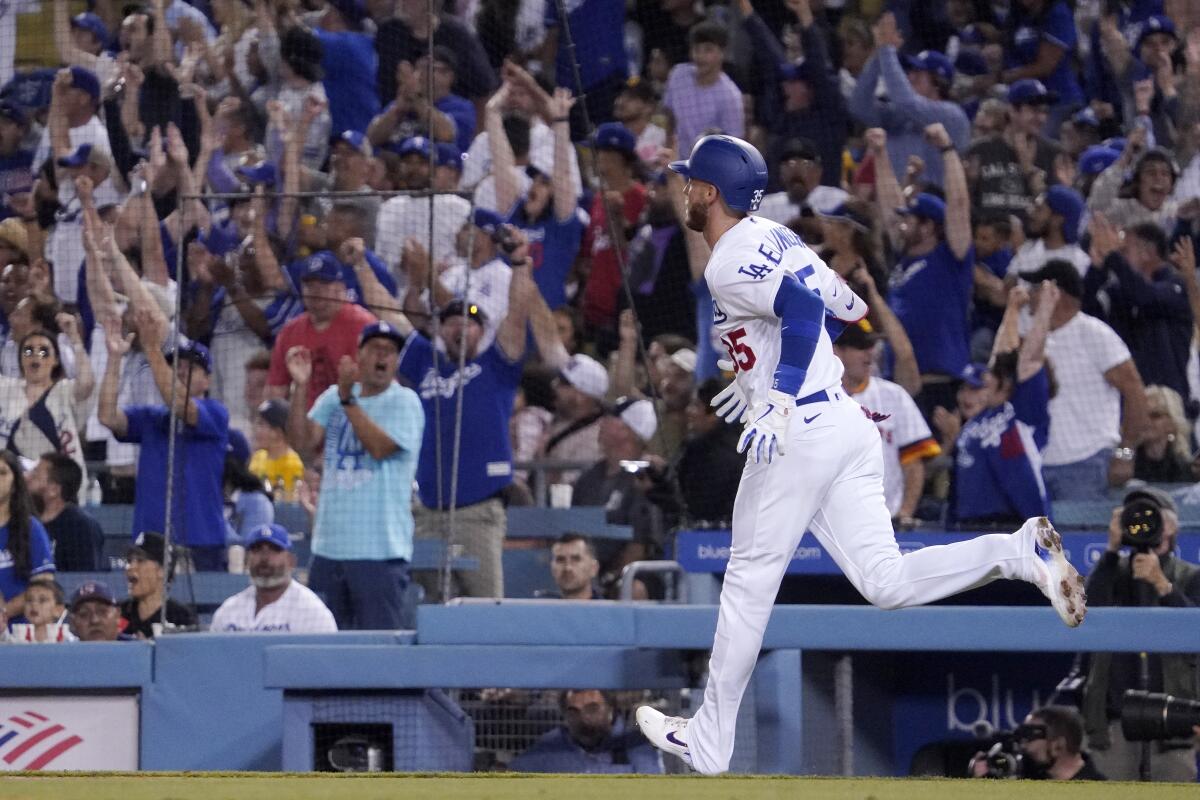 The Dodgers' Cody Bellinger rounds the bases after hitting a go-ahead home run during the sixth inning July 1, 2022.