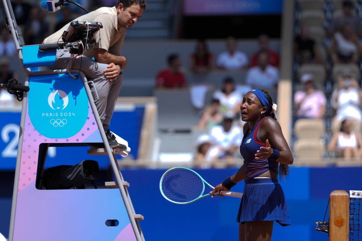 U.S. tennis player Coco Gauff argues with umpire during her women's singles third round match against Donna Vekic.