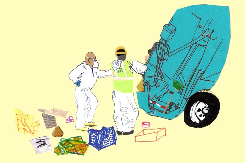 An illustration of two sanitation workers loading a bunch of trash into their teal truck