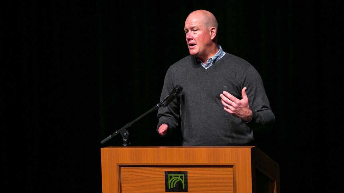 Former Angels pitcher Jim Abbott, who is now a motivational speaker, talks Wednesday to students in Sage Prosthetics at Sage Hill School in Newport Coast.