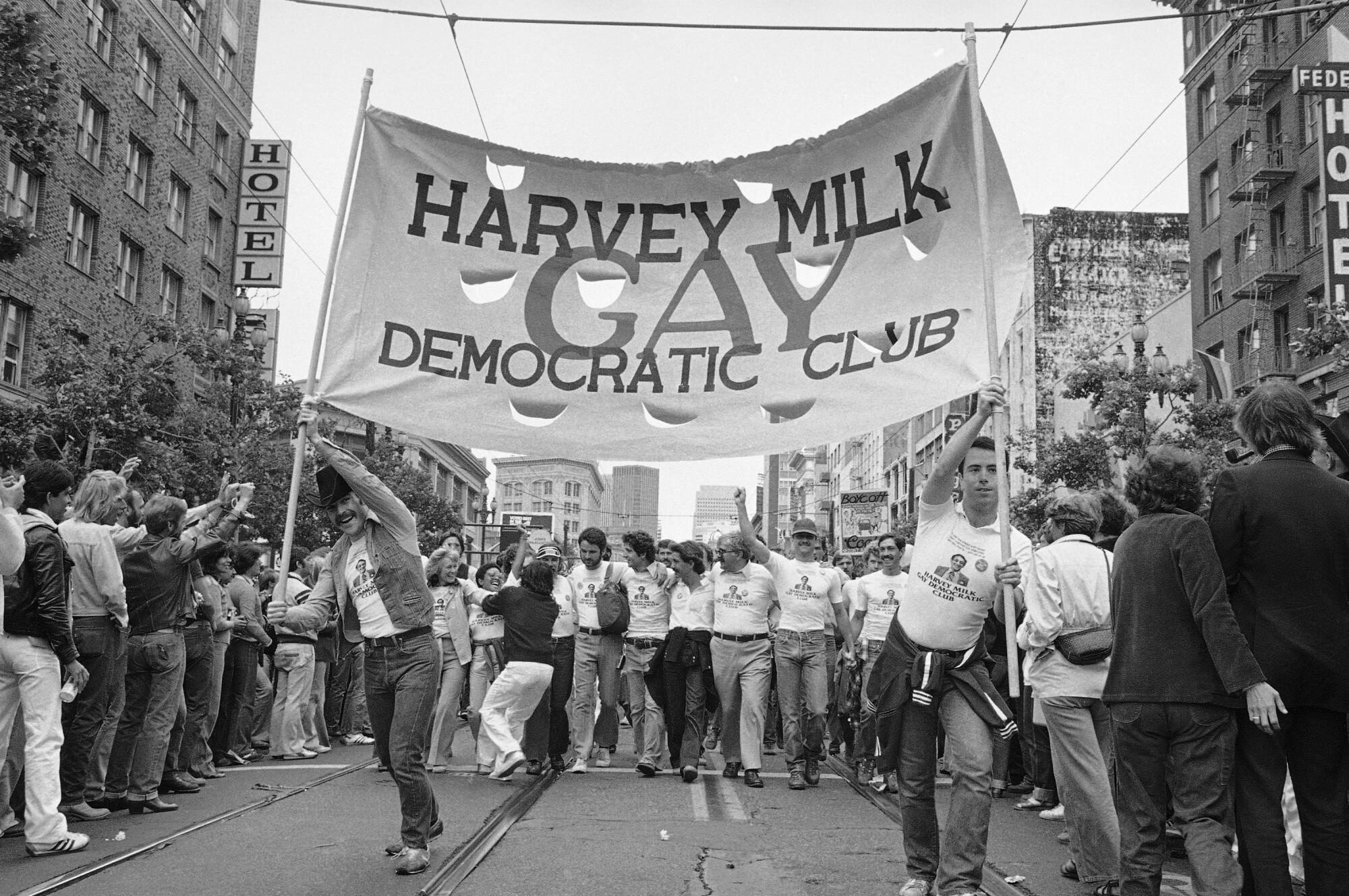Members of the Harvey Milk Gay Democratic Club from San Francisco parade down Market Street in1979.