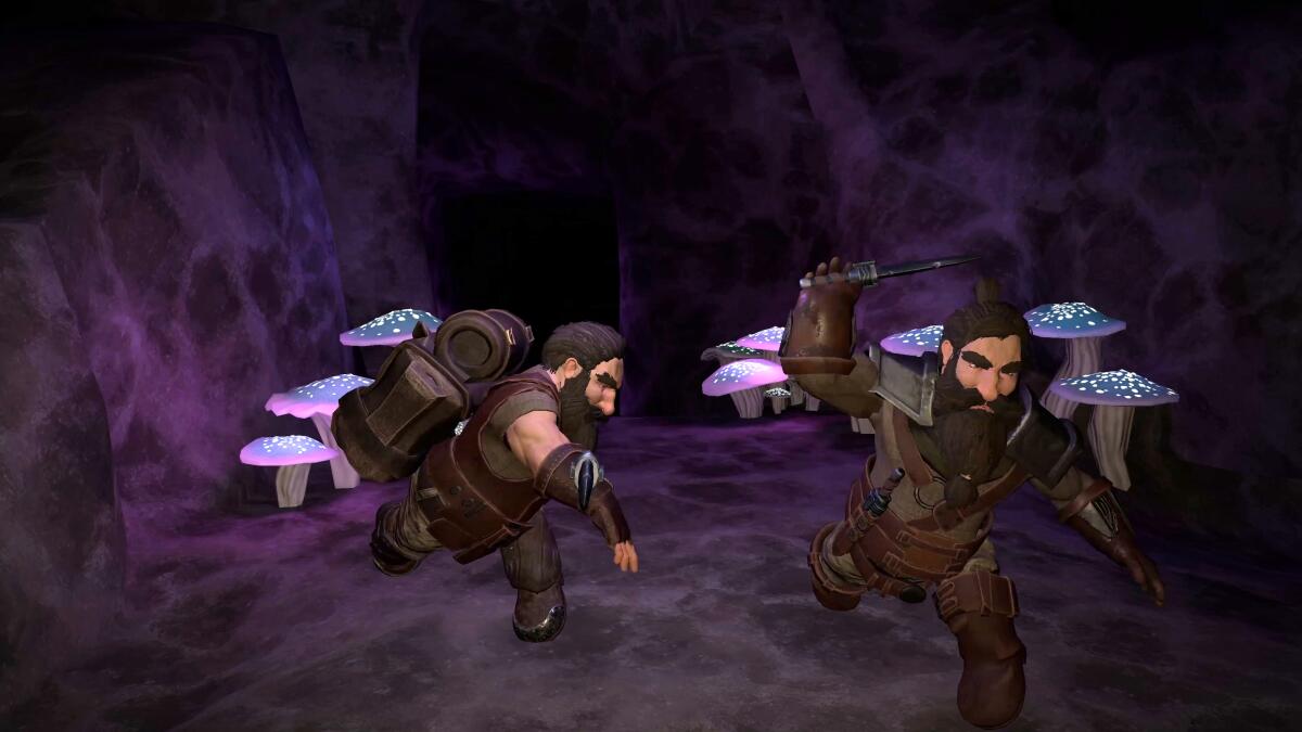 Two men run through a cave filled with mushrooms in a video game.