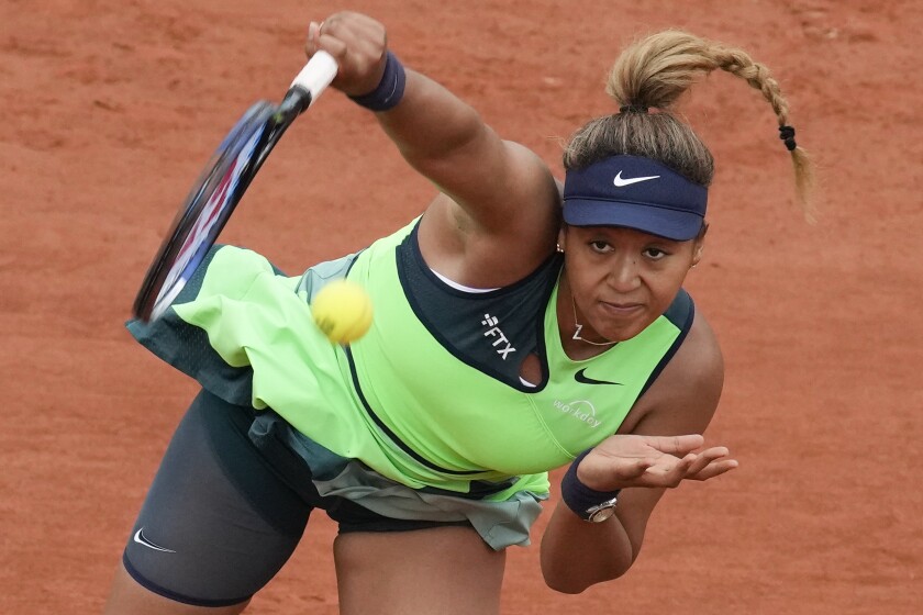 Japan's Naomi Osaka serves at the French Open.