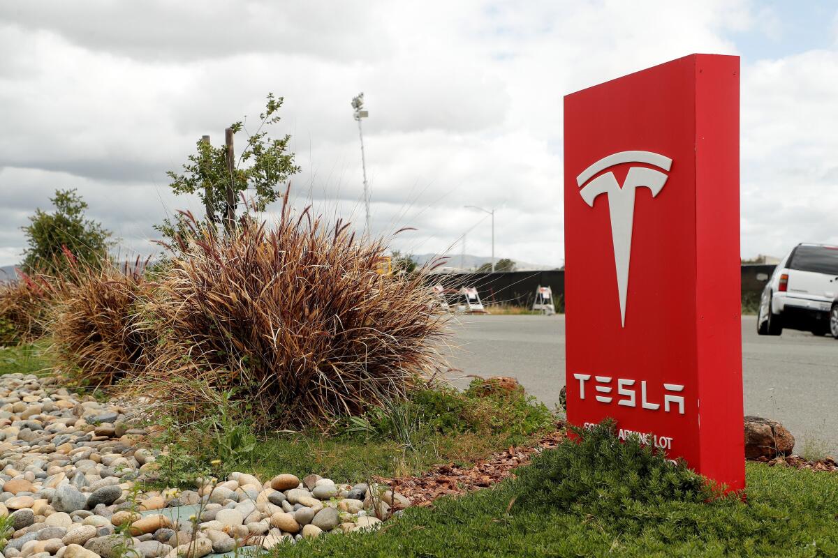 entrance to the southern portion of the Tesla vehicle manufacturing plant in Fremont