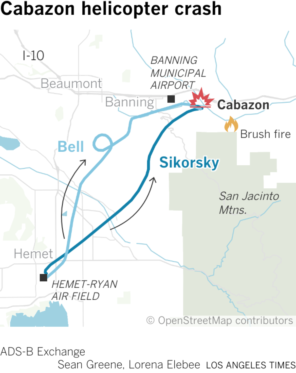 Map shows the flight paths of two helicopters that crashed over Cabazon, Calif.