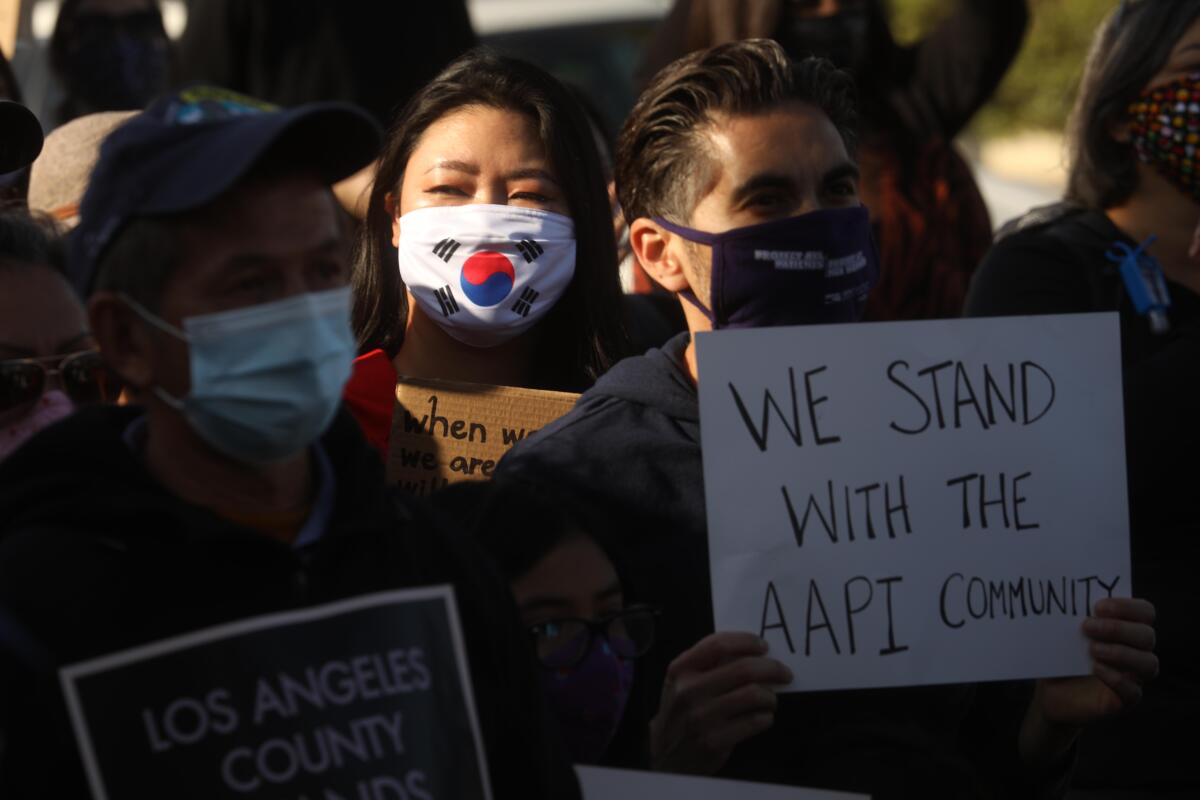 Residents, students and Alhambra and San Gabriel city leaders participate in a rally to denounce anti-Asian sentiment.