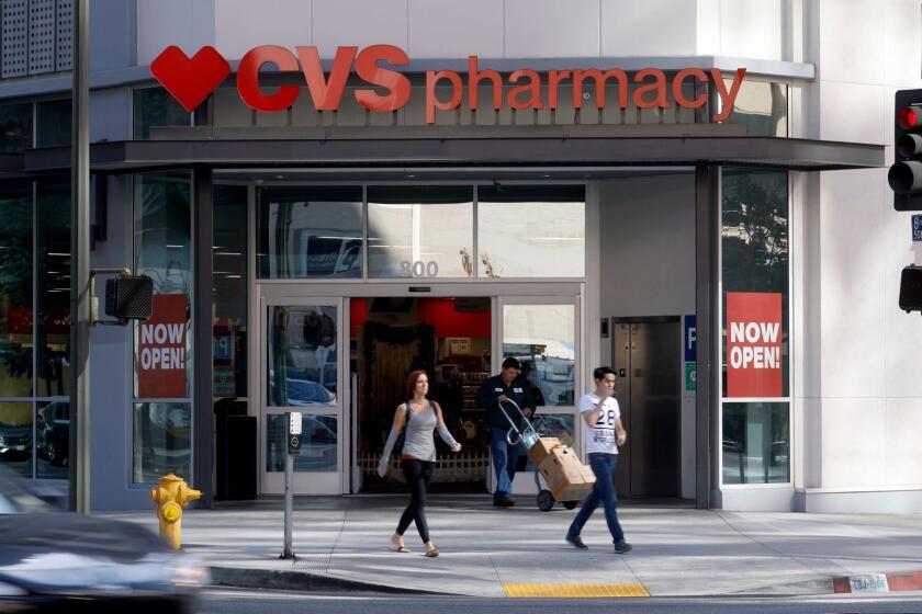 LOS ANGELES, CALIF. -- MONDAY, NOVEMBER 6, 2017: CVS Pharmacy located at 812 S Grand Ave in Los Angeles, Calif., on Nov. 6, 2017. CVS Health Corp. is cranking up prescription deliveries to customer homes or workplaces, as the drugstore chain tries to squeeze more of an edge from a massive store network that puts 70% of the U.S. population within three miles of one of its locations. (Gary Coronado / Los Angeles Times)