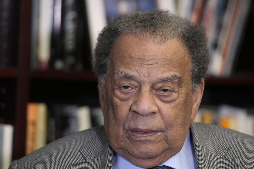 Civil Rights icon Andrew Young speaks during an interview with The Associated Press, May 18, 2023, in Atlanta. Young, one of the last surviving members of Martin Luther King Jr.'s inner circle, recalled the journey to the signing of the Voting Rights Act as an arduous one, often marked by violence and bloodshed.(AP Photo/Brynn Anderson)