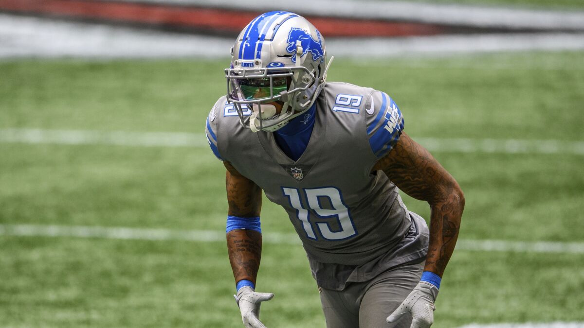 Detroit Lions wide receiver Kenny Golladay gets set for a play against the Atlanta Falcons.