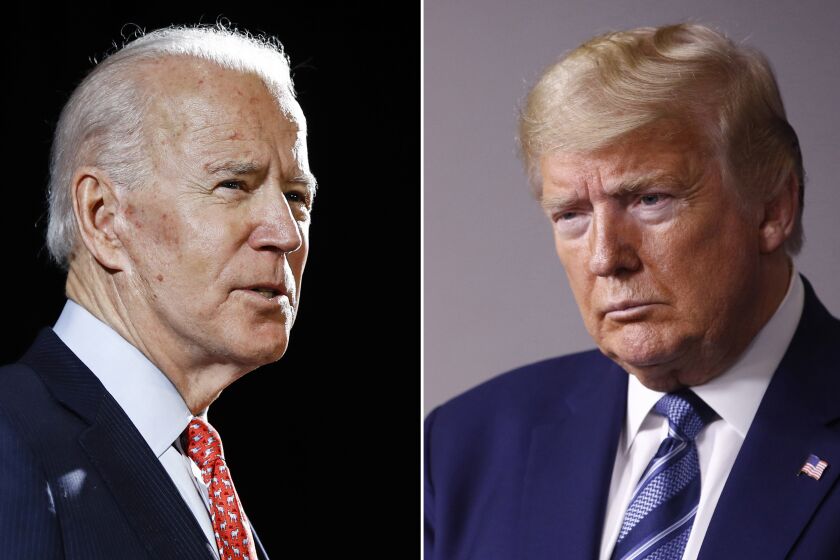 FILE - In this combination of file photos, former Vice President Joe Biden, left, speaks in Wilmington, Del., on March 12, 2020, and President Donald Trump speaks at the White House in Washington on April 5, 2020. Some of the country’s major sports betting companies are running contests in which participants predict things that will happen or be said during the presidential debate, Tuesday, Sept. 29, 2020, for the chance to win money. (AP Photo/File)