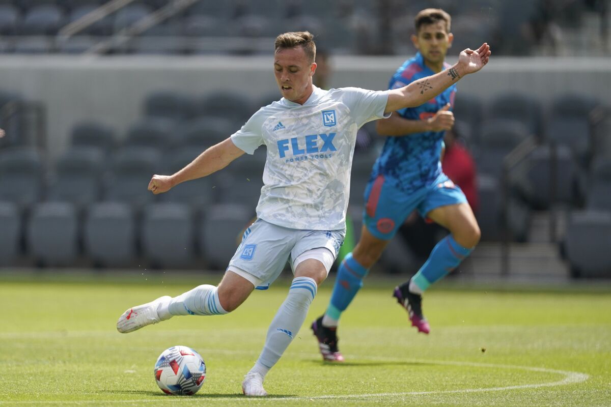 LAFC forward Corey Baird shoots the ball during a game against New York City FC.