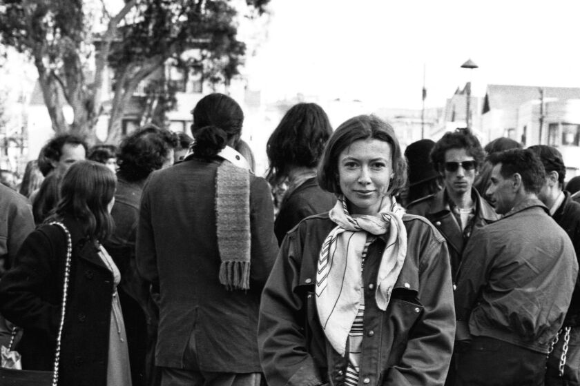 Writer Joan Didion stands at the panhandle of Golden Gate Park