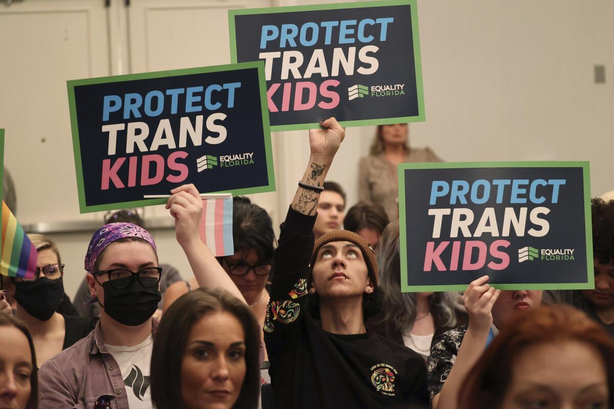 Activists hold signs saying "Protect Trans Kids" during a board meeting in Florida in November 2022