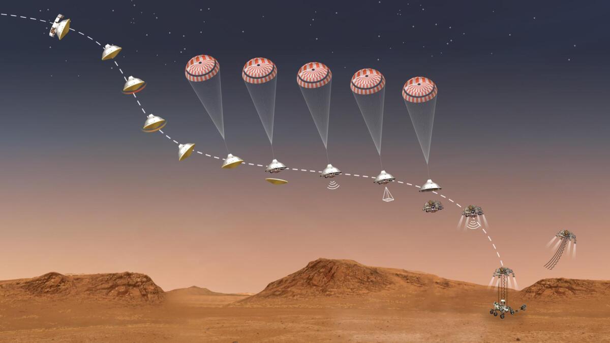 An illustration of a rover descending to Mars.