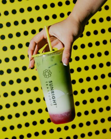 The Strawberry Matcha Latte drink, a popular choice at Sunright Tea Studio.