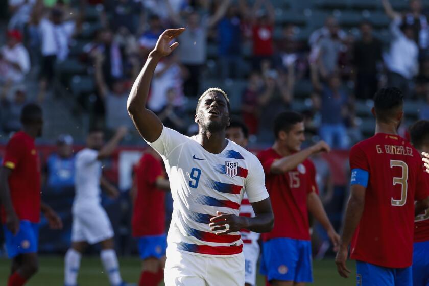 United States forward Gyasi Zardes (9) reacts after a goal is called back during an international friendly soccer match between United States and Costa Rica in Carson, Calif., Saturday, Feb. 1, 2020. The U.S. won 1-0. (AP Photo/Ringo H.W. Chiu)