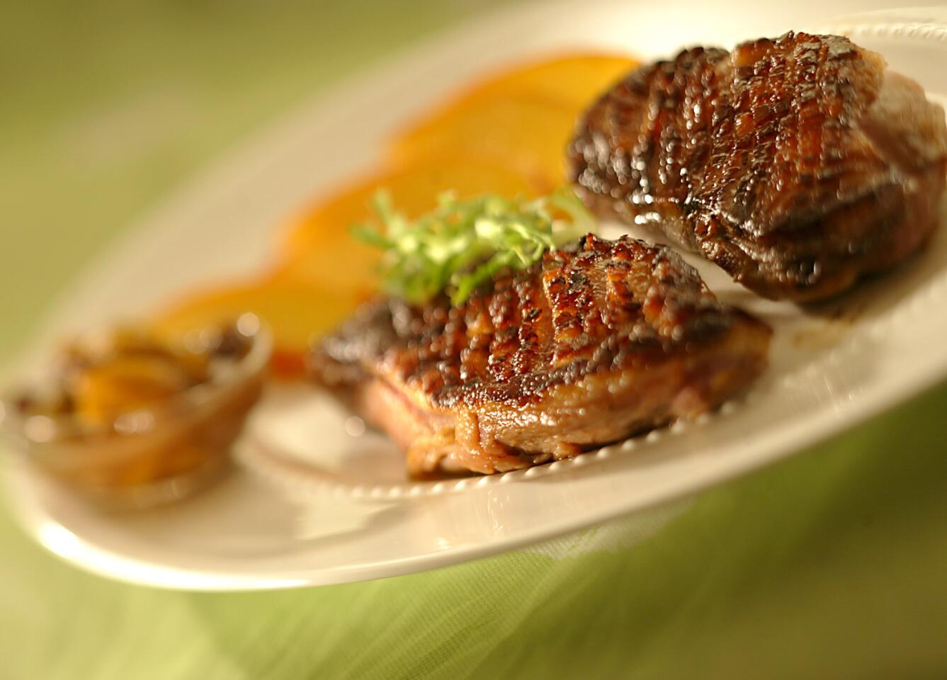 Grilled duck breasts with fresh ginger-peach chutney