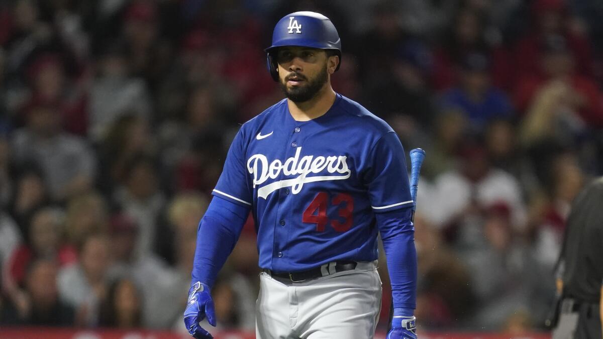 Edwin Ríos returns to the dugout after striking out against the Angels in April.