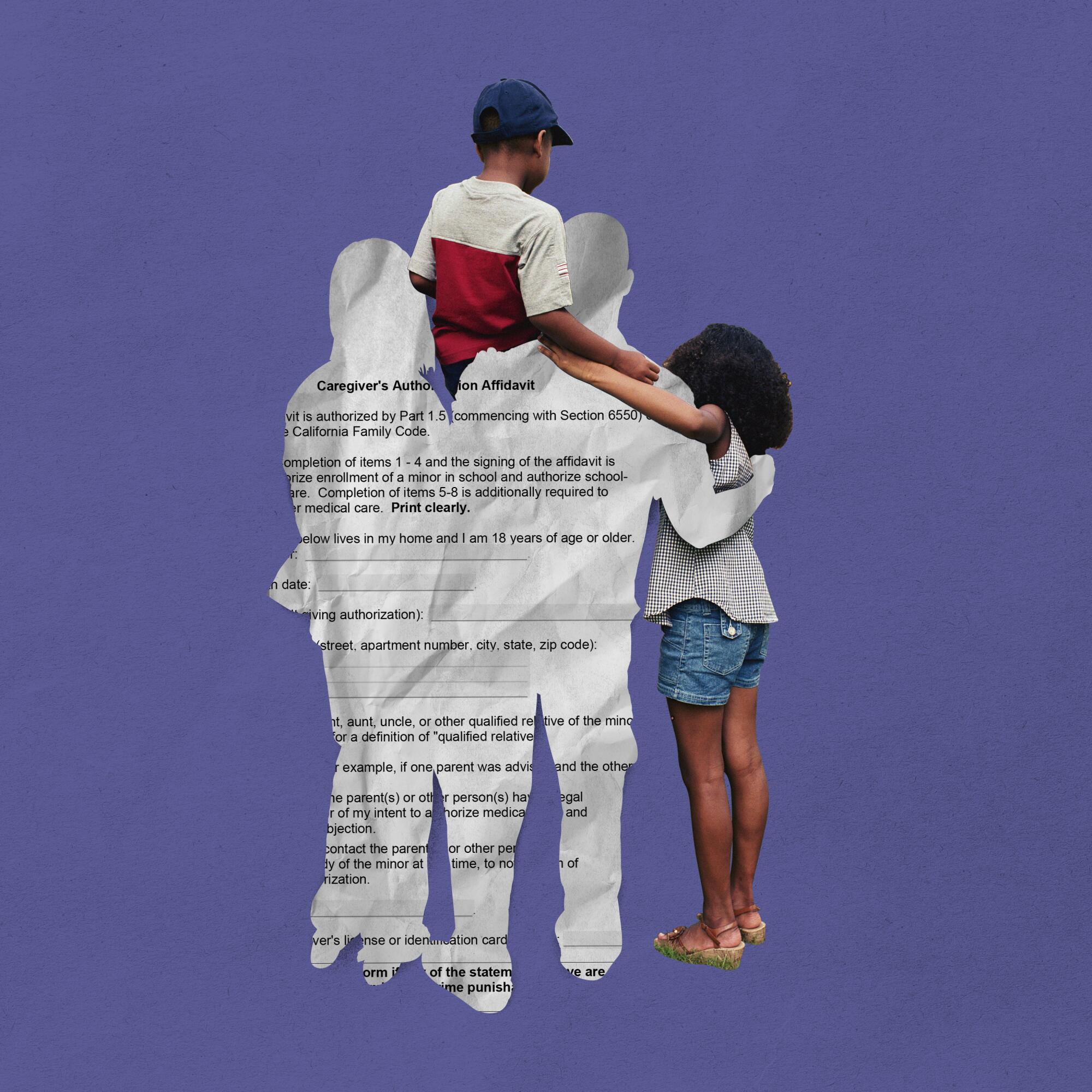 Photo illustration of a family shown from the rear, the parents are replaced with a paper caregiver's authorization affidavit