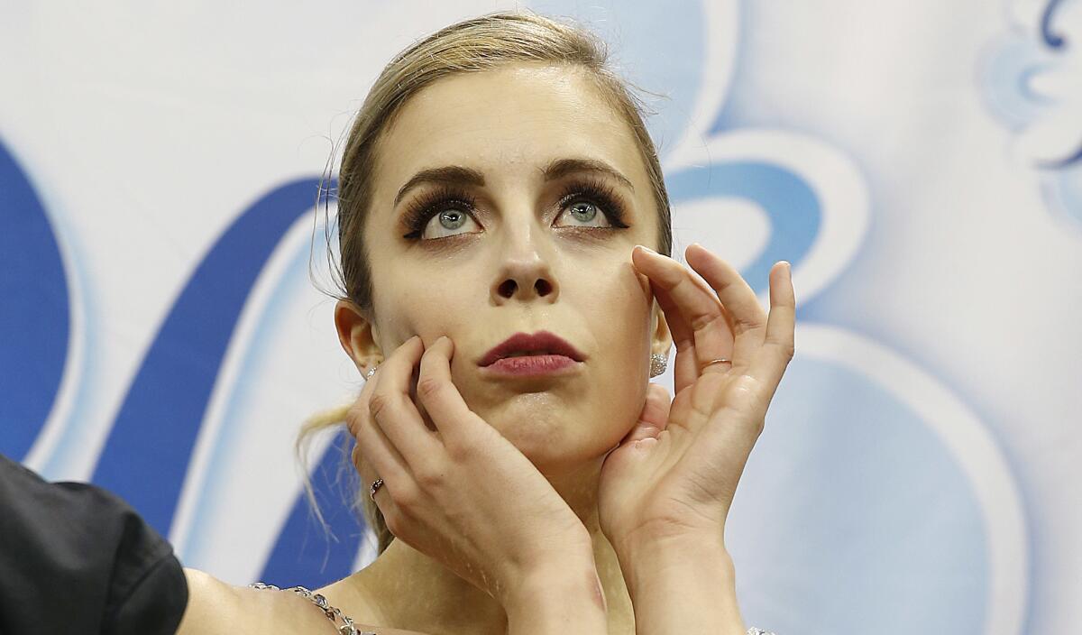 Ashley Wagner waits for her scores during the women's free skate competition at the 2018 U.S. Figure Skating Championships in San Jose.