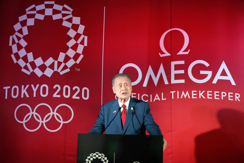 TOKYO, JAPAN - JULY 24: President of Tokyo 2020 Yoshiro Mori speaks during the unveiling ceremony of The OMEGA Tokyo 2020 Countdown Clock marking one year to go to the start of the Tokyo 2020 Olympic Games at Marunouchi Central Plaza, Tokyo Station on July 24, 2019 in Tokyo, Japan. (Photo by Christopher Jue/Getty Images for OMEGA)