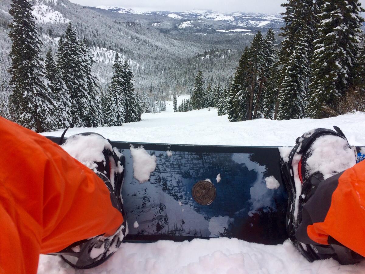 Mark Barabak's snowboard, as seen from his vantage point 