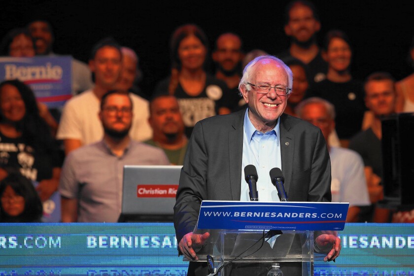 Presidential candidate Bernie Sanders addresses a crowd gathered at the Avalon Hollywood for a fundraiser the day after the first Democratic presidential debate.