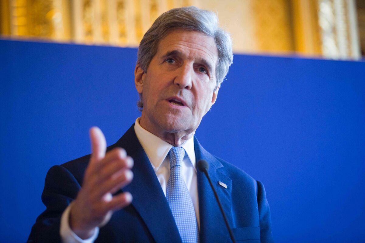 U.S; Secretary of State John Kerry speaks following meeting between the U.S. and its European allies on the situations in Libya, Syria, Ukraine and Yemenon on March 13, 2016 in Paris.