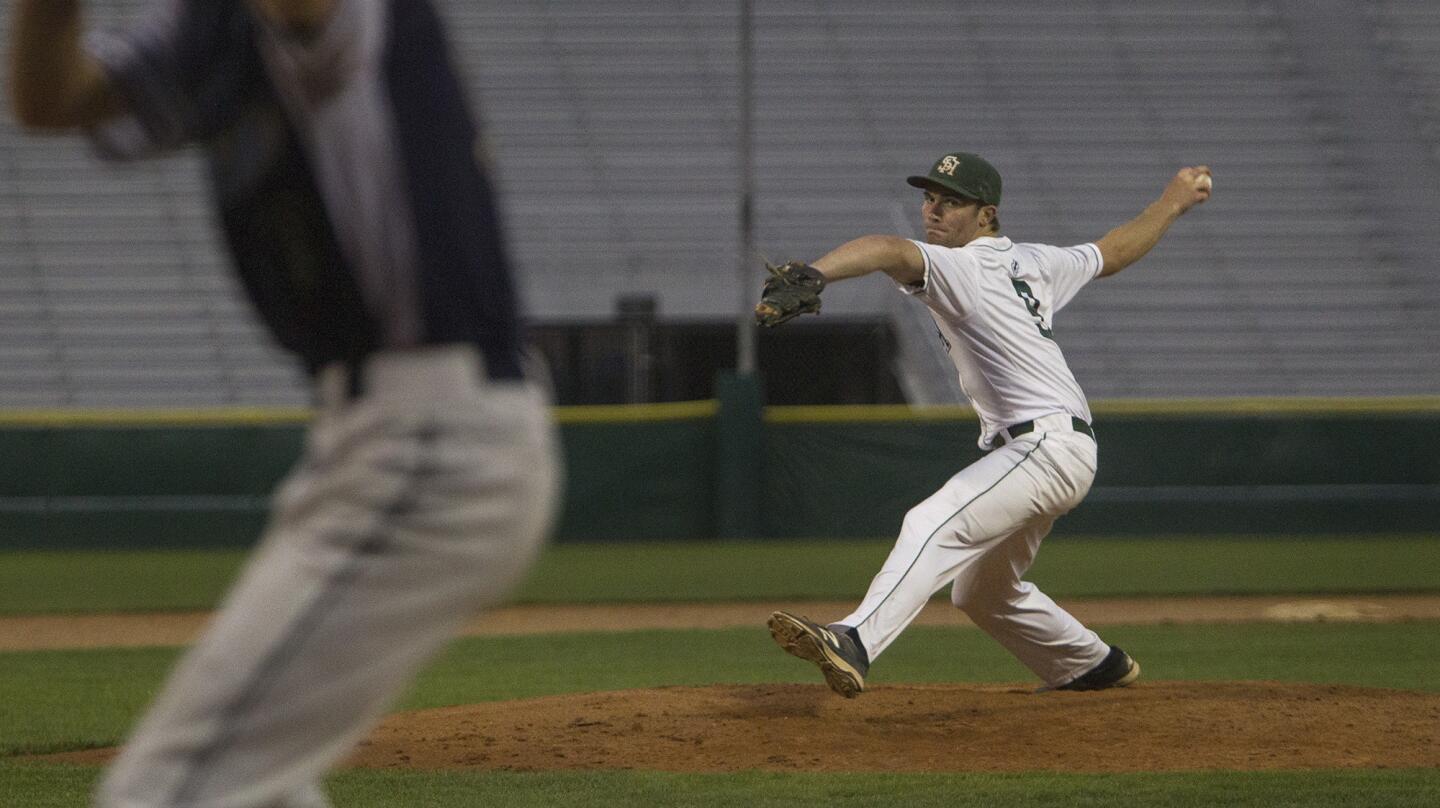 Sage Hill School's Brett Super pitches for the South team in the fourth inning during the Kiwanis Club of Greater AnaheimÕs 50th Orange County All-Star baseball game for seniors at La Palma ParkÕs Dee Fee Field in Anaheim on Tuesday. (Kevin Chang/ Daily Pilot)