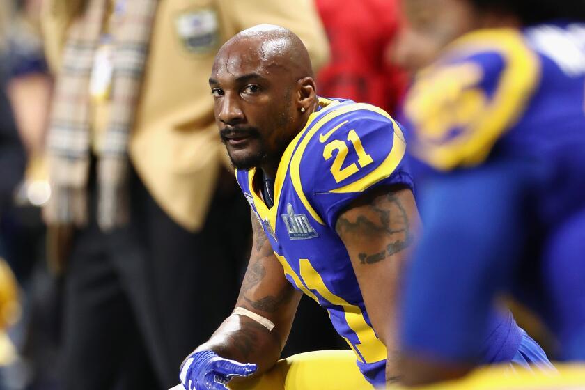 ATLANTA, GA - FEBRUARY 03: Aqib Talib #21 of the Los Angeles Rams looks on from the sideline prior the Super Bowl LIII against the New England Patriots at Mercedes-Benz Stadium on February 3, 2019 in Atlanta, Georgia. (Photo by Jamie Squire/Getty Images)
