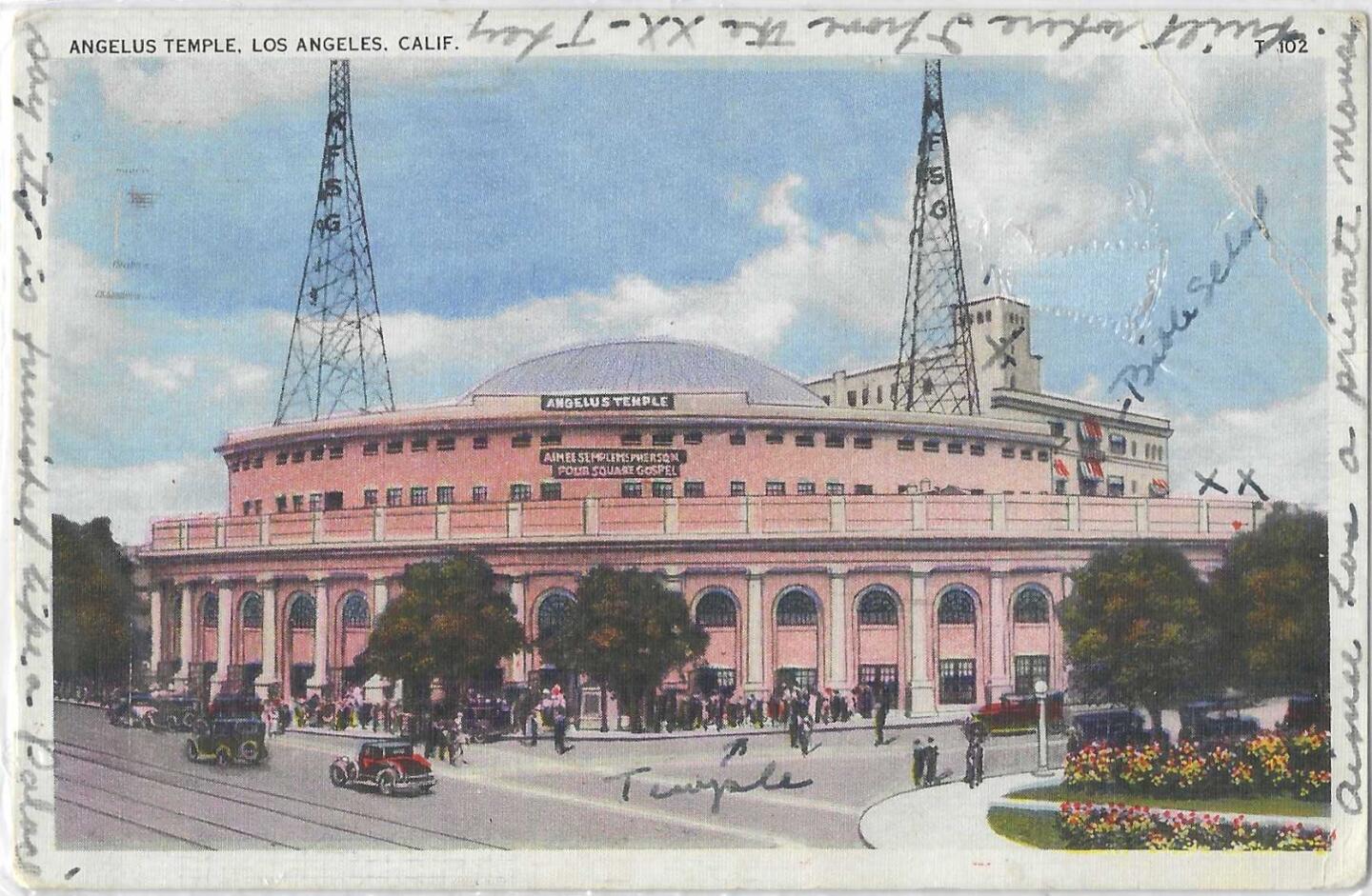 Vintage postcard shows Angelus Temple with radio towers on the roof