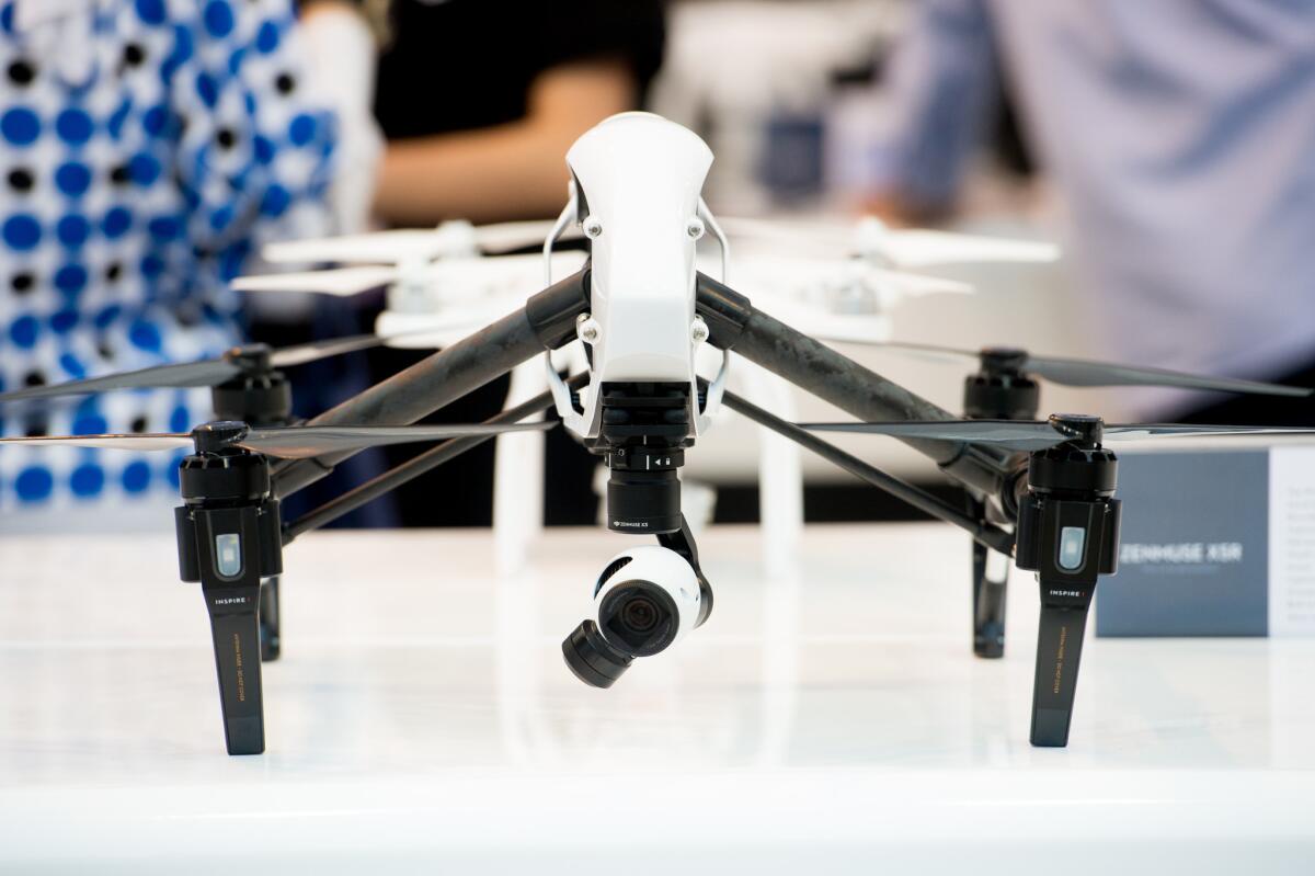 A DJI's Inspire drone on display. DJI became the world’s leading drone maker with funding from a venture firm whose backers include the Delaware Public Employees Retirement System and the State of Michigan Retirement System.