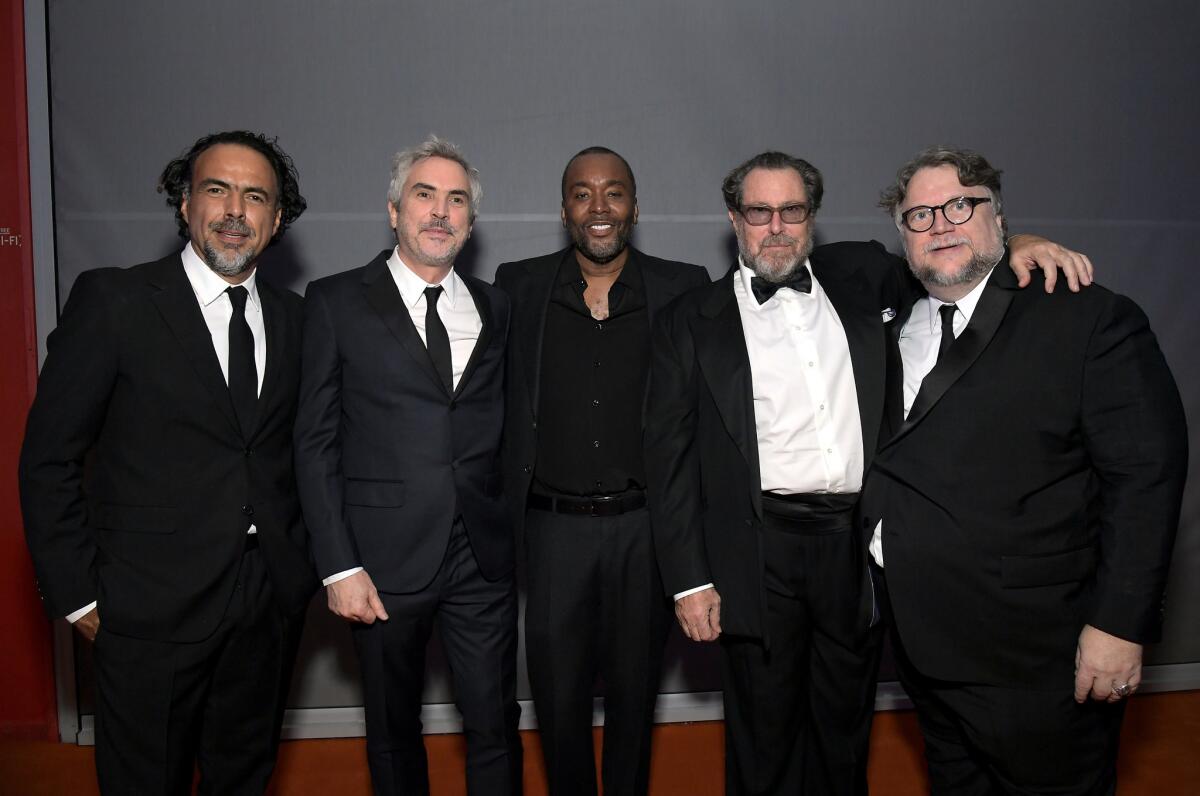Directors Alejandro G. Iñárritu, left, Alfonso Cuarón, Lee Daniels, Julian Schnabel and honoree Guillermo del Toro attend the 2018 LACMA Art + Film Gala on Nov. 3 in Los Angeles.