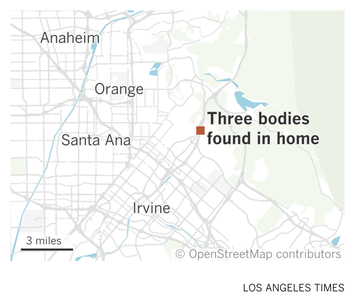 A map of northern Orange County shows the location of a home in Irvine where three bodies were found