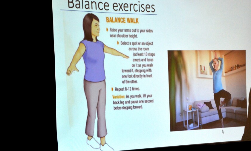 Slides on balance exercises were shown during the UCI Health lecture on Balance Problems and Fall Prevention.