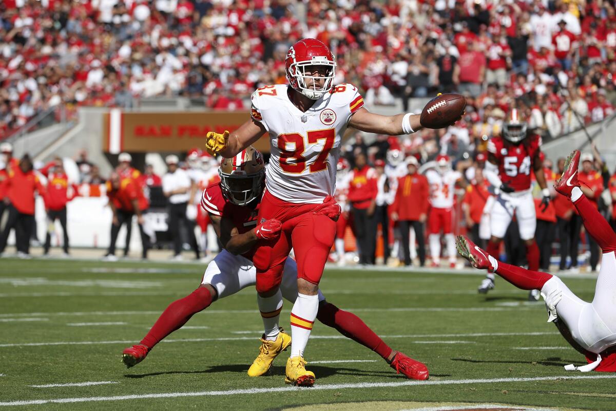 Kansas City Chiefs tight end Travis Kelce reaches into the end zone only to have the play called back on a penalty.