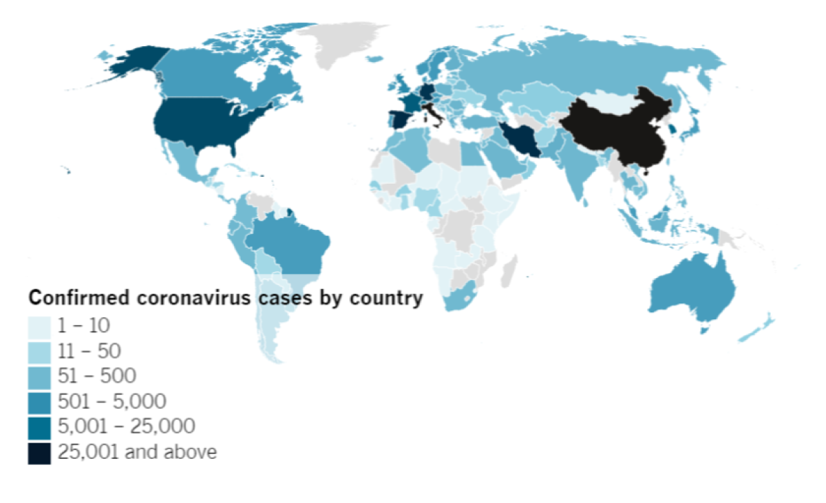 Confirmed COVID-19 cases by country as of 6 p.m. PDT Friday, March 20.