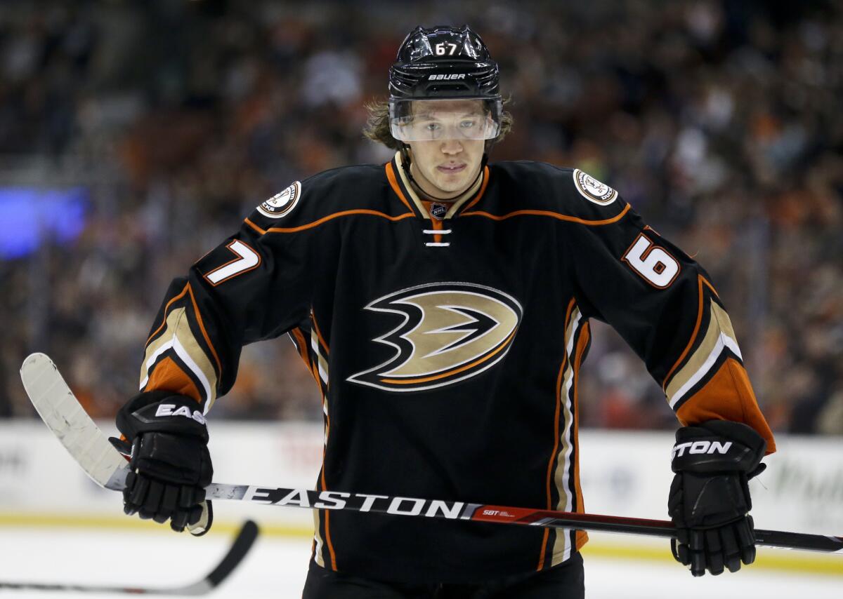 Rickard Rakell plays for the Ducks against New Jersey Devils on March 14.