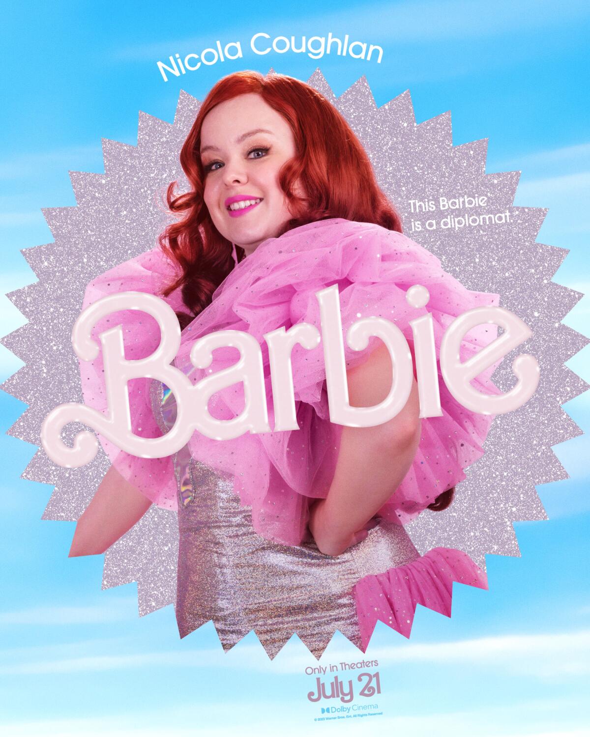 Nicola Coughlan smiles and places her hand on her hip in a "Barbie" movie poster. She wears a silver dress with poofy sleeves