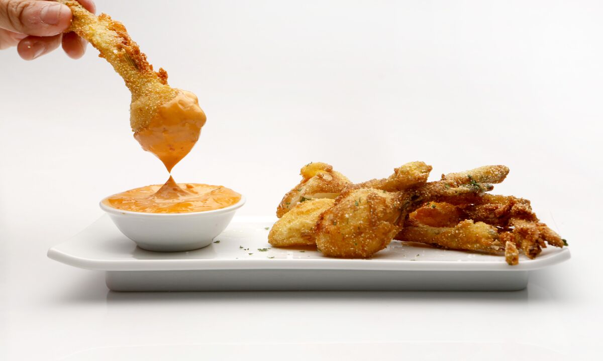 LOS ANGELES, SEPTEMBER 9, 2015: Cornmeal fried spring pinion, chili aioli shot in the Los Angeles Times studio.