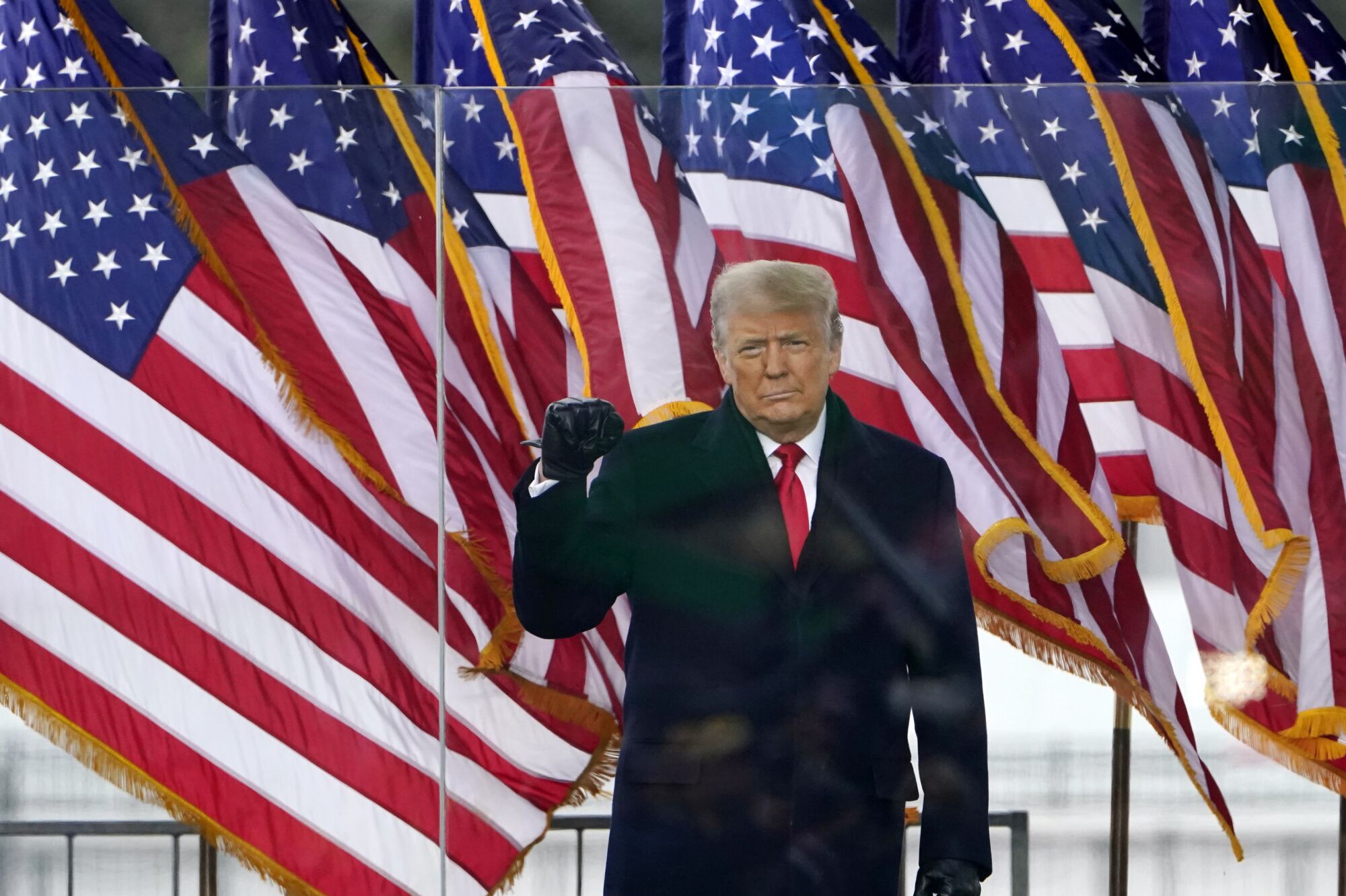 President Trump walks in front of a row of U.S. flags at a rally protesting the election.
