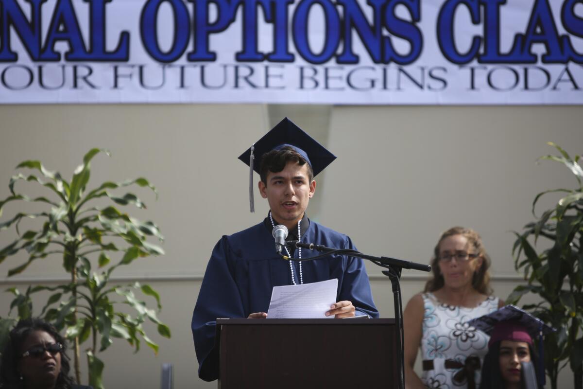 Angel Fuentes was the graduation speaker for schools in L.A. Unified's Educational Options Programs. (Harrison Hill / Los Angeles Times)