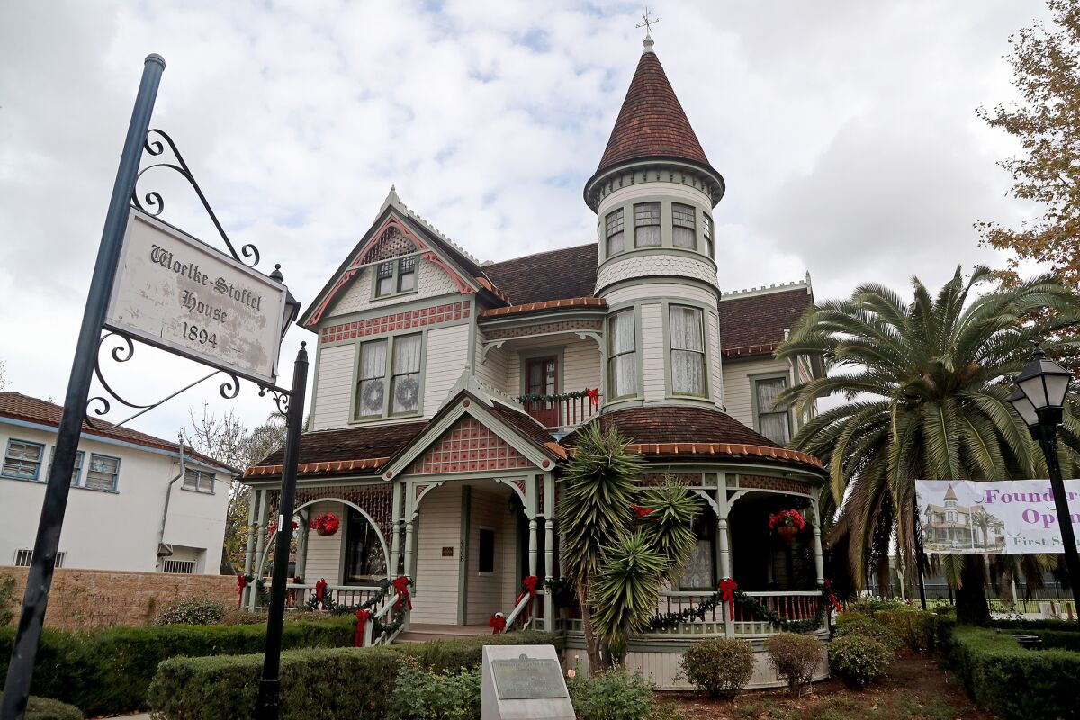 The Woelke-Stoffel House, built in 1894, is adorned with Victorian-style decorations at Founders' Park in Anaheim. 