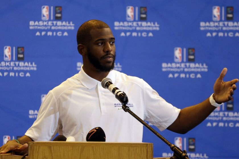Chris Paul speaks during a press conference at the American International School in Johannesburg, South Africa, on July 29.