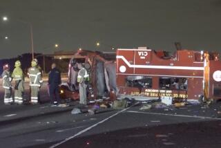 California Highway Patrol, and Orange County Fire Authority responded to a reported collision involving a OCFA, Santiago Hand Crew truck. According to a spokesperson for CHP, the hand crew was leaving the Airport Fire and while driving on the 241, they swerved to miss a ladder that was in the road and flipped over, trapping several of the occupants. There were six Patients with major injuries and 3 with moderate injuries, all were transported by helicopter.