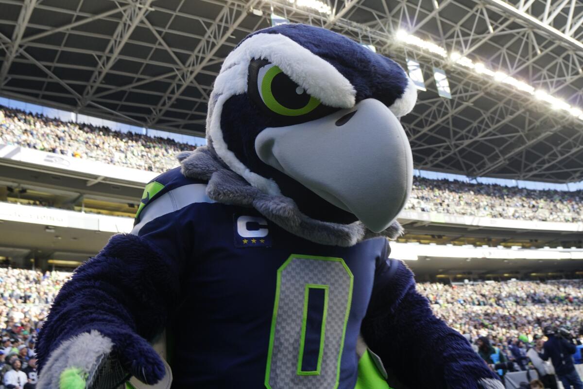 Seattle Seahawks mascot Blitz looks on during an NFL football game