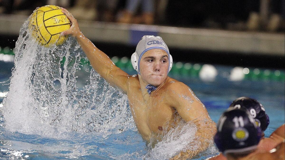 Corona del Mar High's Tanner Pulice rises to shoot and score in a Surf League match at Newport Harbor on Oct. 3, 2018.